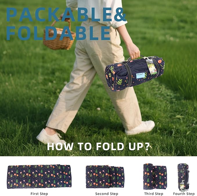 80x80” Double Thickened Picnic Blankets(150g High Density Cotton Stuffed) Navy Blue Floral Pattern Outdoor Picnic Mat Portable Picnic Blanket Foldable with Leather Carry Strap Beach Blanket
