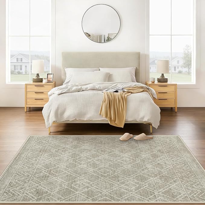 Area Rugs 6x9 Living Room Rug: Washable Geometric Moroccan Neutral Rugs Boho Modern Non Slip Area Rug Soft Indoor Floor Low Pile Carpet for Bedroom Nursery Dining Room Home Office (Brown, 6'x9')