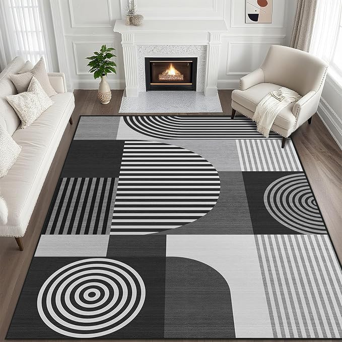9x12 Area Rug for Living Room Grey Geometric Mid Century Modern Rug Machine Washable Black White Gray Minimalist Rugs Non Slip Low Pile Large Dining Room Indoor Floor Carpet for Bedroom Office