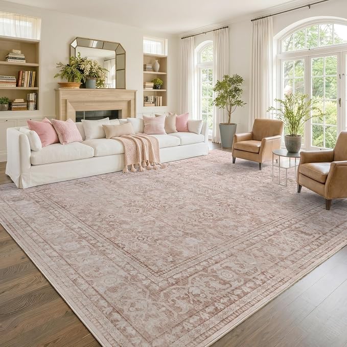 8x10 Ft Large Area Rugs for Living Room, Soft Non-Slip Machine Washable Rug, Vintage Stain Resistant Carpets for Bedroom Nursery Dining Room Home Decor (Grey Pink)