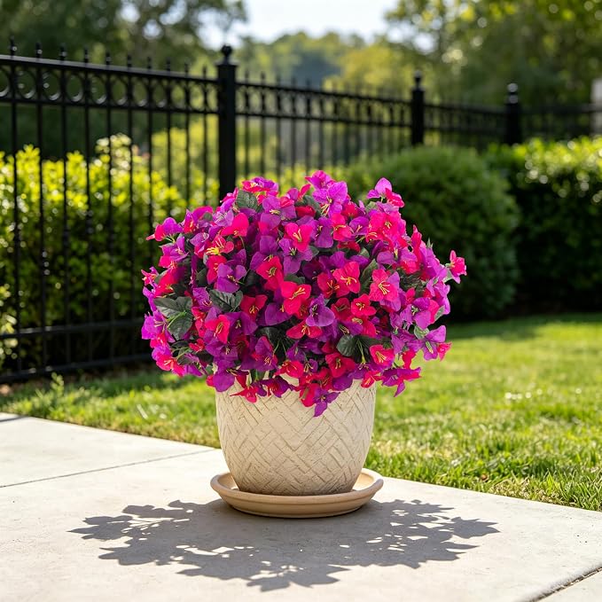 INXUGAO Artificial Flowers Faux Plants for Outdoors Spring Summer Decor, 6 Bundles Fake Bougainvillea Silk Flowers UV Resistant Realistic for Outside Planter Porch Patio Garden Home (Purple Fuchsia)
