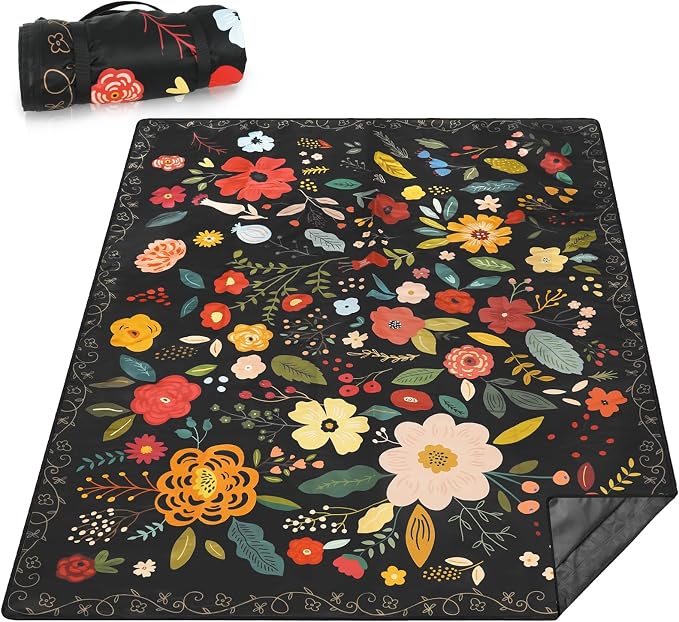 Picnic Blankets Extra Large Waterproof, 80"x 60" Boho Flowers Beach Mat with Corner Pockets Windproof Sandproof Foldable Portable 3-Layer Mat Darker for Wet Grass,Parks,Music Festival,Camping,Concerts