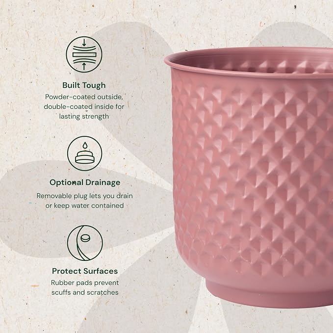Bloem Prism Indoor Metal Cachepot Set - Includes 6", 8", 10" and 12" Decorative Planters with Powder-Coated Finish, Removable Drain Plugs, Dusty Rose