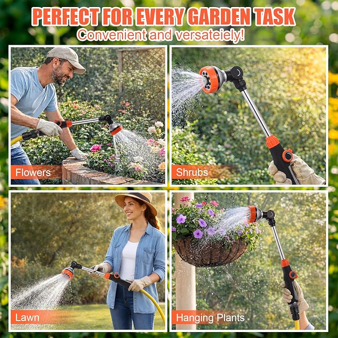 Hushee 4 Pack 18.5-Inch Metal Watering Wand with 180° Rotating Head, 8 Adjustable Spray Patterns & Thumb Control Nozzle – Perfect for Hanging Baskets, Shrubs & Plants, Durable Garden Hose Sprayer