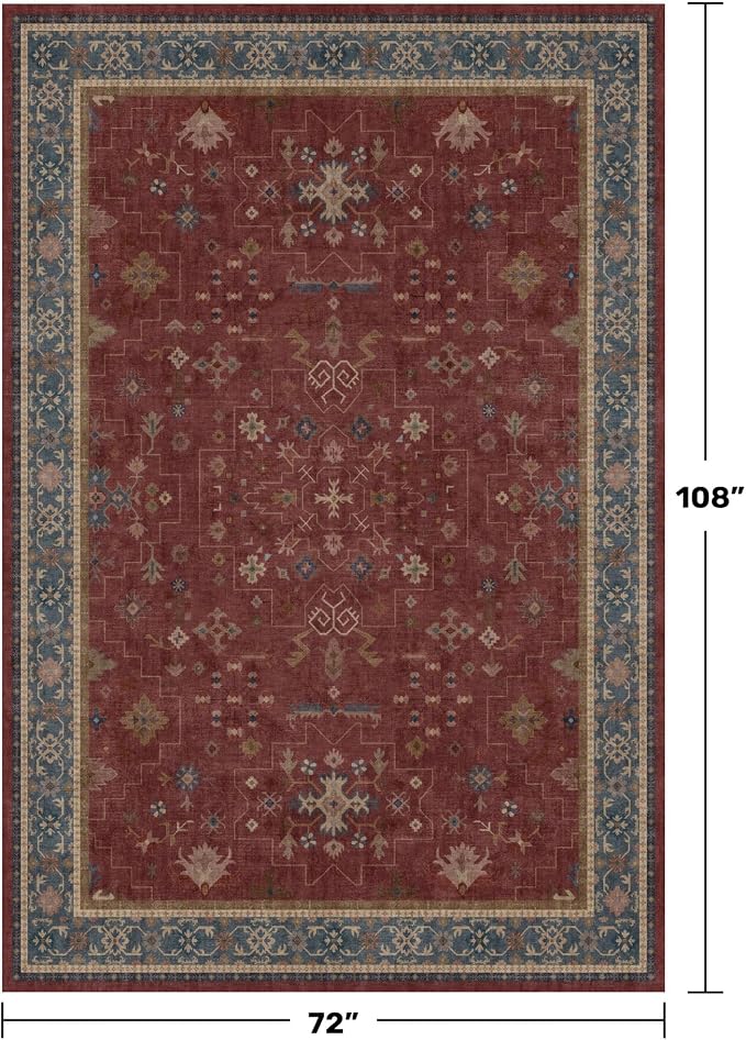 6x9 Dining Room Rugs for Under Table - Vintage Burgundy Boho Living Room Rug, Lightweight Washable Foldable Low Pile Carpet,Southwestern Bed Room Décor Aesthetic