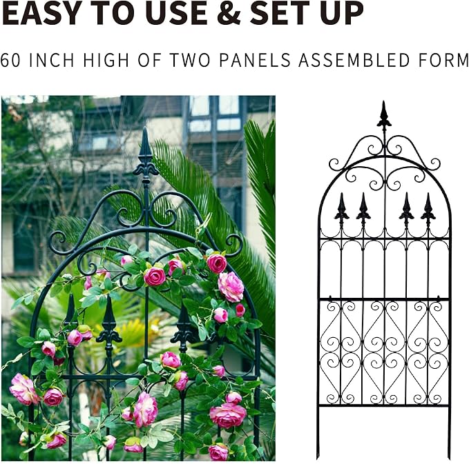 Trellis for Climbing Plants, 60" H x 21.7" W Heavy Duty Metal Trellis, 5FT Rustproof Black Iron Vine Support Trellis with Ground Stakes, Decorative Cupid Arrow Design for Roses, Vines
