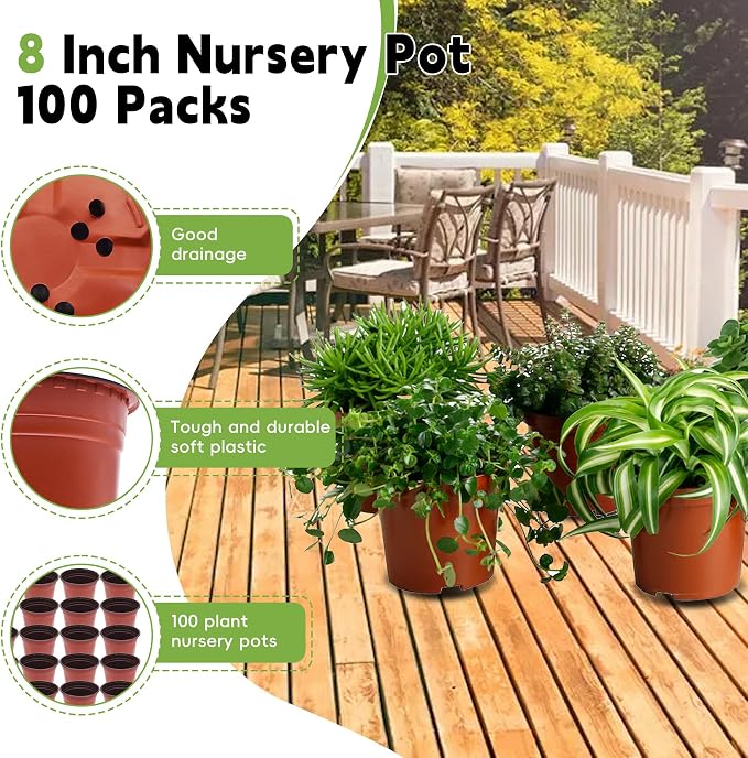 HOSTIC 8 Inch Nursery Pot Seedling Pot Plant Container Seed Starting Pots Multipurpose Plastic Pots 100 Packs