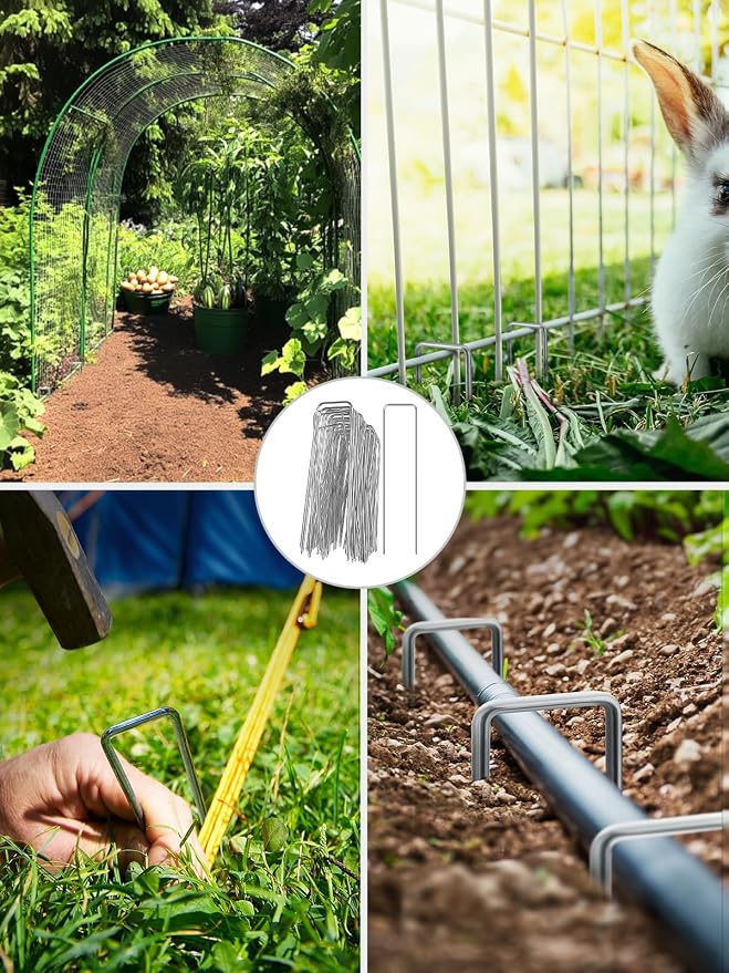 GROWNEER 200 Pack Landscape Staples 6 Inch 11 Gauge Heavy Duty Hot-Dip Galvanized Steel Garden Stakes U-Shaped Weed Barrier Spikes Metal Ground Pins for Lawn and Yard Landscaping