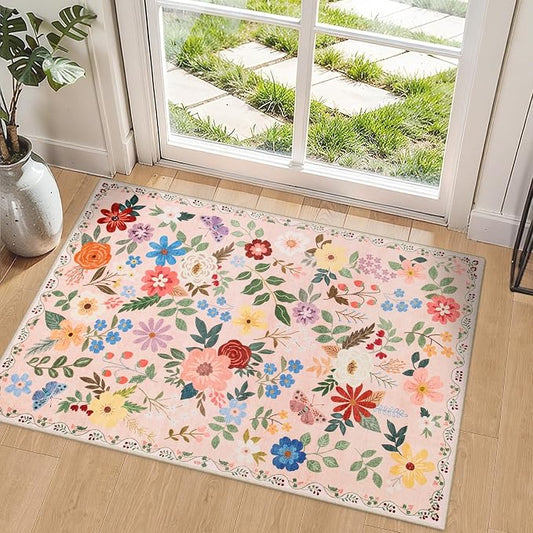 PLHXFR 2x3 Small Entryway Rug: Floral Washable Indoor Soft Carpet Beige | For Entrance, Bedroom, Kitchen, Laundry, Bathroom,Door Mat,Vintage Floral,Machine washable,Non-Slip,Stain Resistant,Indoor