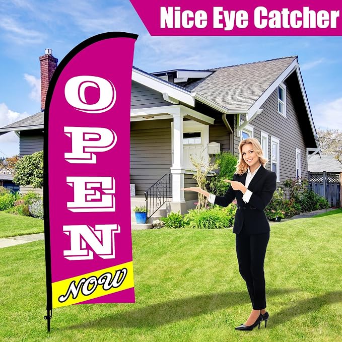 Buryeah 2 Sets Now Open Flag Banner for Business Advertising 7 ft Feather Flag Sign with Flagpole Ground Stake Portable Bag (Purple)