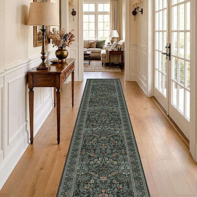 2x10 Long Hallwag Runner Rug 10ft, Washable Dark Green Indoor Floor Mats for Entryway Non Slip, Flower & Botanical Pattern Stain Resistant Carpet