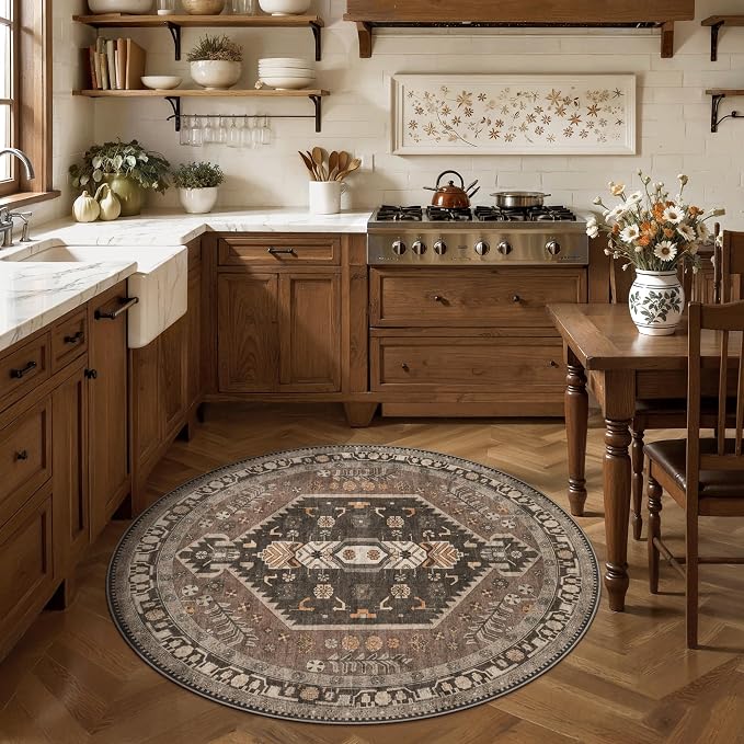 Ciicool 4ft Round Area Rug for Entryway,Washable Soft Circle for Kitchen | Vintage Non-Slip Low-Pile Oriental Indoor Mat Soft Boho Entry Carpet for Bedside Living Room Laundry Bathroom Dining Room