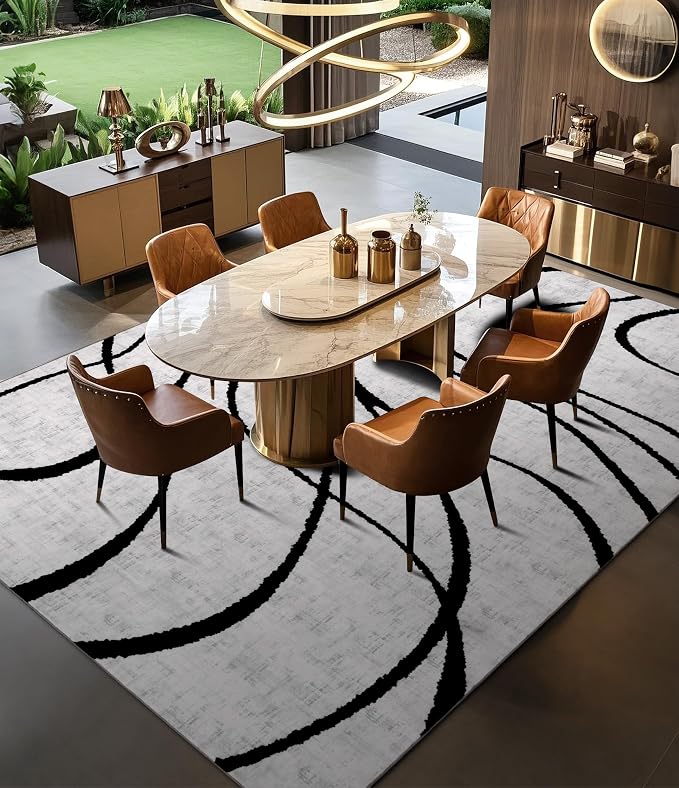 Modern Rugs 6x9, Washable Black and White Area Rug, Thin Abstract Geometric Minimalist Striped Rug, White Rugs for Living Room,Bedroom,Kitchen,Dining Room,Office