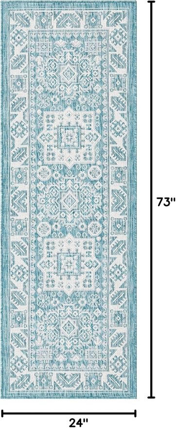 Unique Loom Outdoor Aztec Collection Area Rug - Chalca (2' x 6' 1" Runner, Aqua/ Ivory)