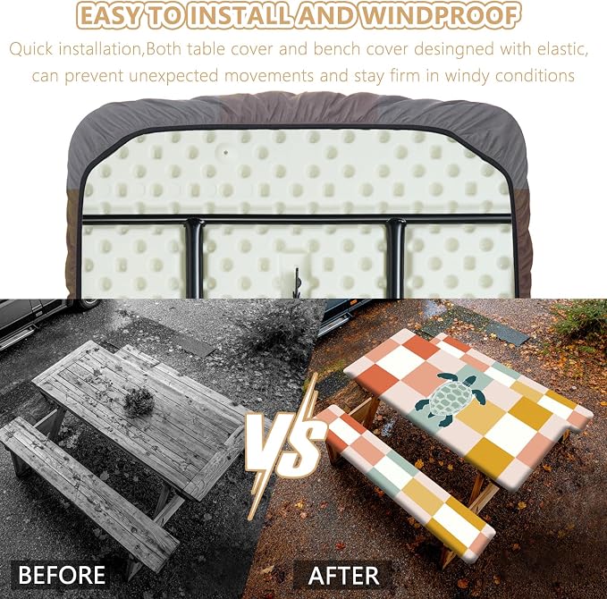 Picnic Table Cover with Bench Covers Elastic Edges, Outdoor Patio Camping Essentials 72 Inch 3PCS, Waterproof Camping Fitted Tablecloth with Handbags (Sea Turtle Checkered Art)