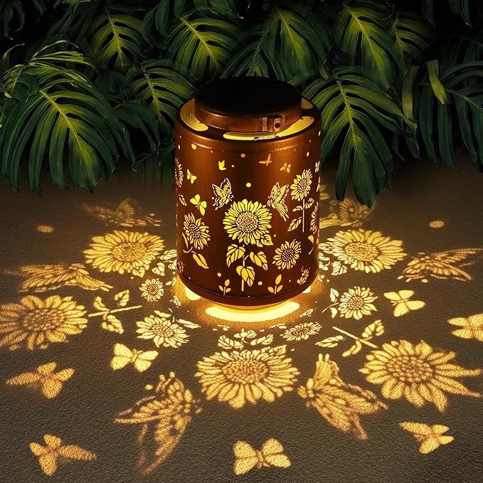 Solar Outdoor Lanterns, Butterflies Garden Decor LED Light Hanging Waterproof Solar Metal Lantern Gifts for Women Mon Grandma Sunflower Solar Lights Outdoor Decoration for Yard