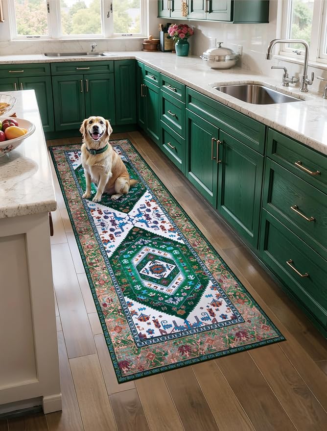 SERISSA 2x5 Washable Non Slip Boho Runner Rug for Hallway，Green White | Ultra Soft Vintage Oriental Carpet Low-Pile Distressed Tribal Floor Carpet for Kitchen Bedroom Bathroom Laundry Living Room