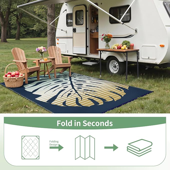 GENIMO Outdoor Rug 6' x 9' Waterproof for Patio Clearance, Reversible Plastic Straw Camping Mat, Lightweight Carpet for Rv, Camper, Deck, Porch, Picnic, Balcony, Beach,Yellow & Blue Blend