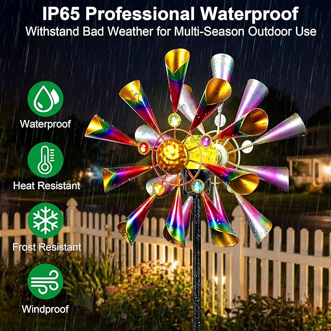 Solar Wind Spinner Outdoor Metal Garden Decor with Color LED Glass Ball | Kinetic Metal Wind Spinner Creates Colorful Yard Art With A Glowing Crackle Glass Ball For Garden, Patio, Lawn And Pathway