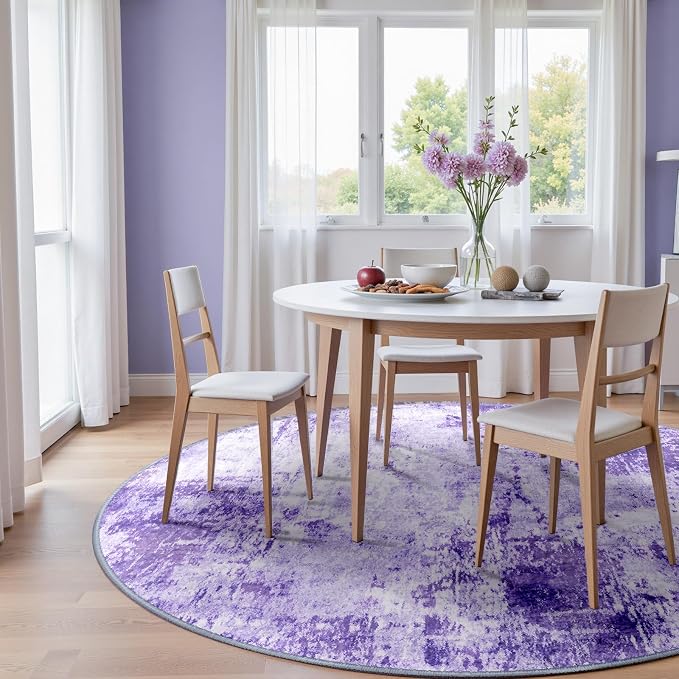 RELEANY Washable Round 6ft Area Rug for Living Room Purple | Carpet for Bedroom, Kitchen, Office, Hallway and Entryway, Printed Pattern, Non‑Slip, Soft, Stain‑Resistant, Easy to Clean