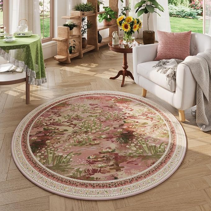 Rugcomf Circle Rug Impressionist-Style Vintage Round Rug 4ft Non Slip Low Pile Small Circular Rug for Bedroom Bathroom Entryway Kids Room Office College Dorm, Pink