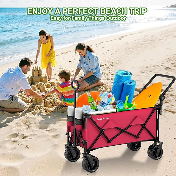 BEAU JARDIN Folding Push & Pull Beach Wagon 500 lbs Collapsible Foldable Wagons with Push Handle All Terrain Wheels Grocery Utility Camping Skiing Ice Fishing Sports Garden Wagon Cart Red