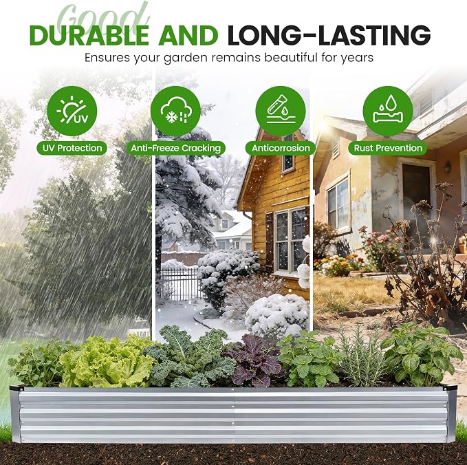 G GOOD GAIN 8x4x1ft Galvanized Raised Garden Bed, Heavy-Duty Metal Planter Boxes Outdoor for Vegetables Flowers Herbs, Silver(2 Pack)