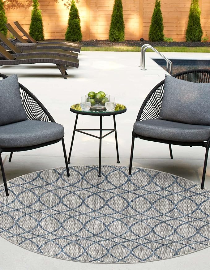 Unique Loom Outdoor Trellis Collection Area Rug - Gitter (4' 1" Round, Gray Blue)