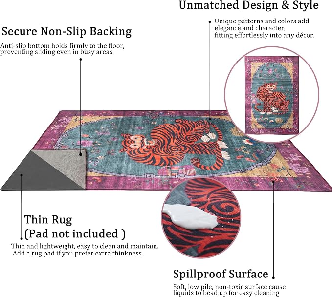 Tiger Rug Washable 3x5 ft Oriental Traditional Animal Print Vintage Fuchsia Floral Tibetan Rugs for Bedroom Kitchen Living Room Indoor Entryway