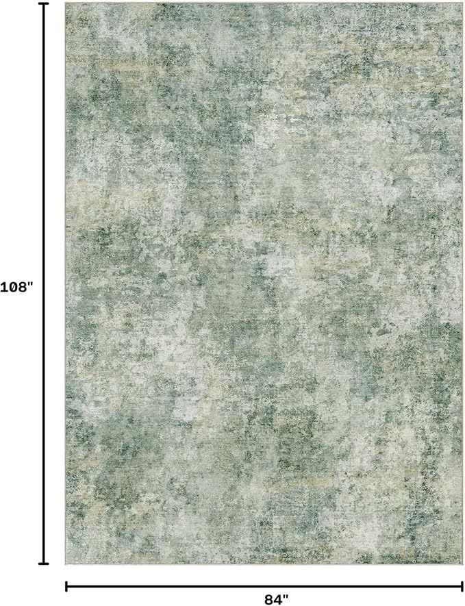 Tortania Washable 7x9 Area Rug for Living Room: Modern Abstract Neutral Large Soft Thin Rugs - Non Slip Indoor Carpet for Bedroom Dining Room Office Nursery Home Floor Decoration - Olive Green