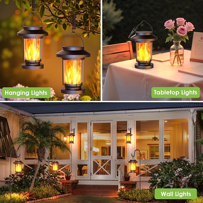 Greluna Solar Lantern Outdoor, Flickering Flameless Solar Lights Hanging Lantern, Waterproof Auto On/Off Decorative Solar Garden Lights for Patio Yard Porch Pathway Camping Decor 2 Pack