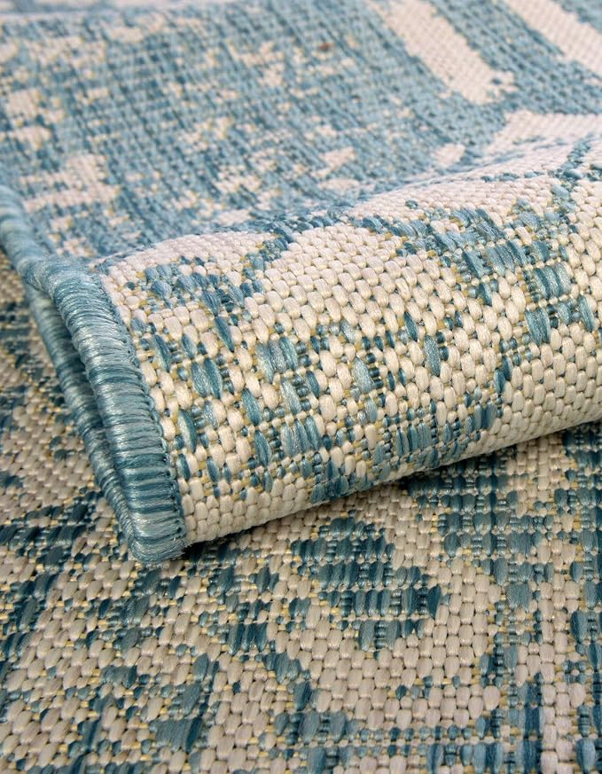 Unique Loom Outdoor Bohemian Collection Area Rug - Anthro (3' 3" Round, Light Aqua/ Ivory)