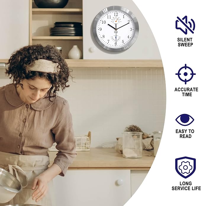 HITO 10 Inch Silent Wall Clock Battery Operated Non Ticking Glass Cover Silver Aluminum Frame, for Kitchen, Bedroom, Home Office, Living Room Decor (White)