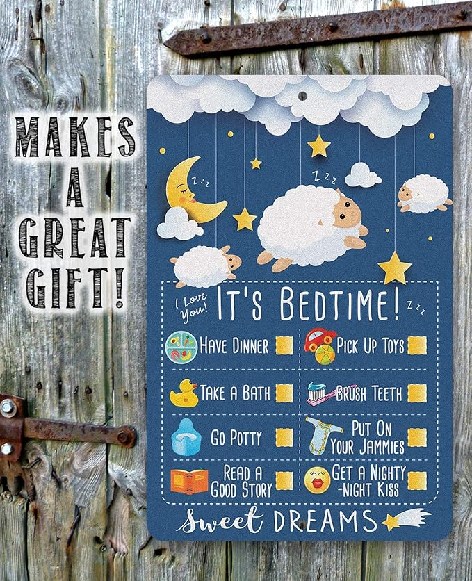 Child Bedtime - Cute Baby Room Decor, Baby Shower and Nursery Room Accessories, Good Night Moon Stars and Sheep, 12x18 Use Indoors or Outdoors Durable Metal Sign