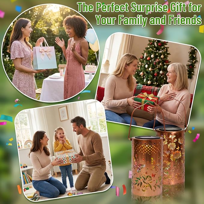 2 Pack Colorful Solar Lanterns Outdoor Waterproof - [Sunflower + Butterfly] - Decorative Outdoor Solar Hanging Lanterns for Porch Courtyard Table Path Garden Decor, Gifts for Mom Wife Grandma Women