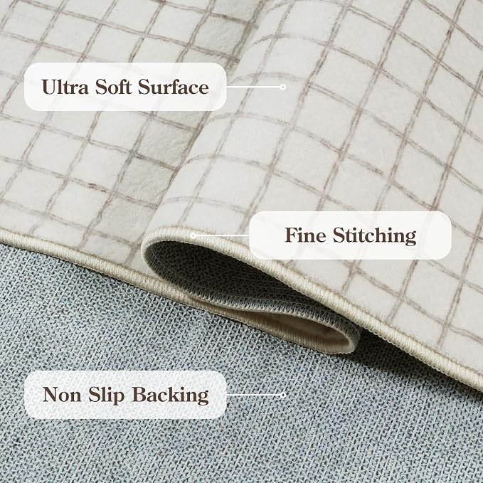 STARUIA Washable Rugs for Living Room, 5x7 Plaid Beige Area Rugs Non Slip Modern Neutral Geometric Bedroom Rug, Low Pile Soft Checkered Grid Carpet for Dining Room Nursery Home Office (Beige,5'x7')