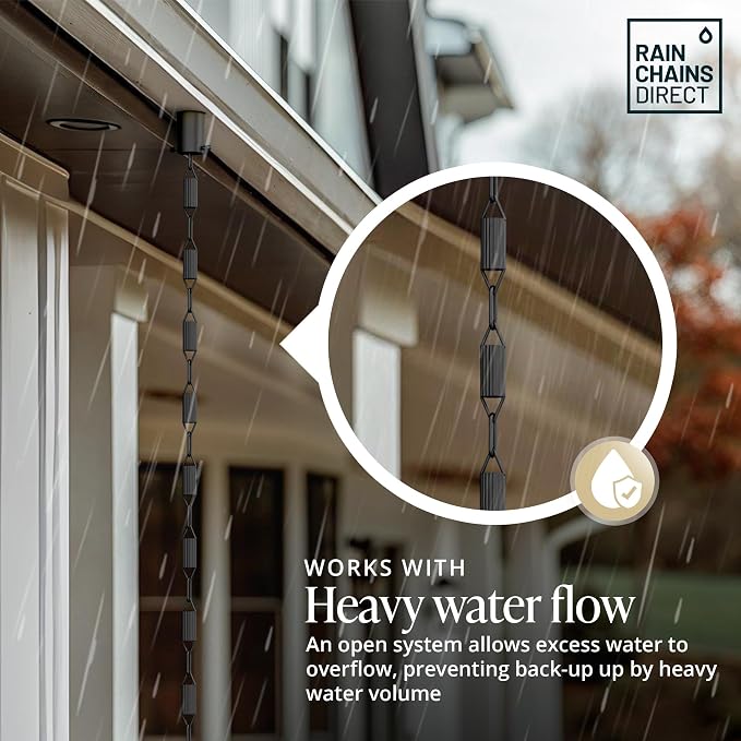 Rain Chains Direct - Manicotti Rain Chain - 8.5 FT - Durable Black Powder-Coated Aluminum - Premium Rain Chains for Gutters