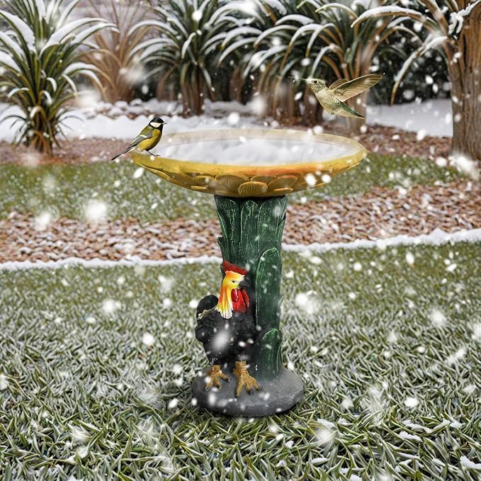 SKYFIRE 23" H Outdoor Concrete Bird Bath - Sunflower Birdbath Bowl with Leaf Pedestal for Garden, Patio, Lawn, Yard, Outdoor Decor -20”Dia. X 23”H Rooster and Chicken Bird Bath Outdoor Garden Statue