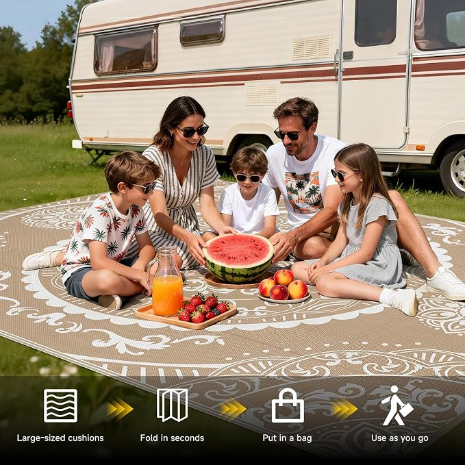 Pauwer Waterproof Outdoor Rug 9x12, Reversible Plastic Straw Patio Camping Rug, Indoor Outdoor RV Mat Carpet for Deck, Camper, Porch, Balcony, Backyard, Picnic, Paisley Brown