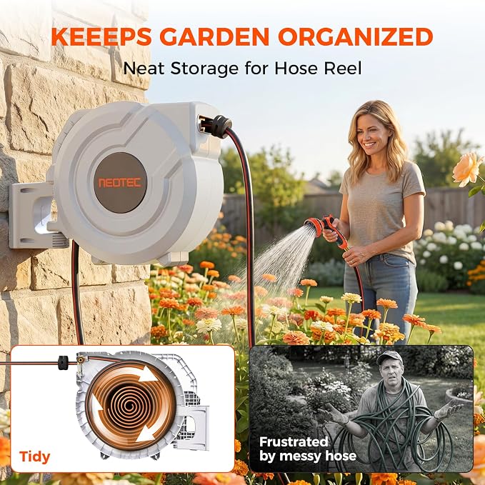 Upgraded Retractable Garden Hose Reel 1/2 inch x 130 ft Wall-Mounted 9 Pattern Nozzle Any Length Lock Automatic Slow Return 180° Swivel UV Resistant Heavy Duty Hose Reels for Outside