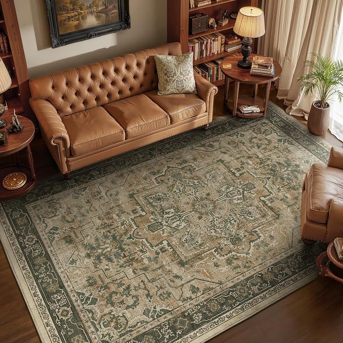 Moody 6x9 Area Rugs for Living Room, Low Pile Thin Washable Non Slip Rugs for Bedroom Dining Room, Vintage Medallion Distressed Carpet for Home Office Guest Room, Multi Brown/Green