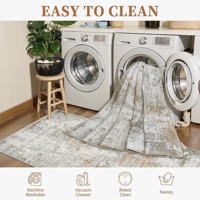 Tangsoo Abstract 3x5 Washable Area Rug, Modern Non Slip Indoor Accent Rugs | Contemporary Print Neutral Carpet, Soft Low Pile Foldable Rugs for Living Room Bedroom Bedside Entryway Beige Grey Home Decor