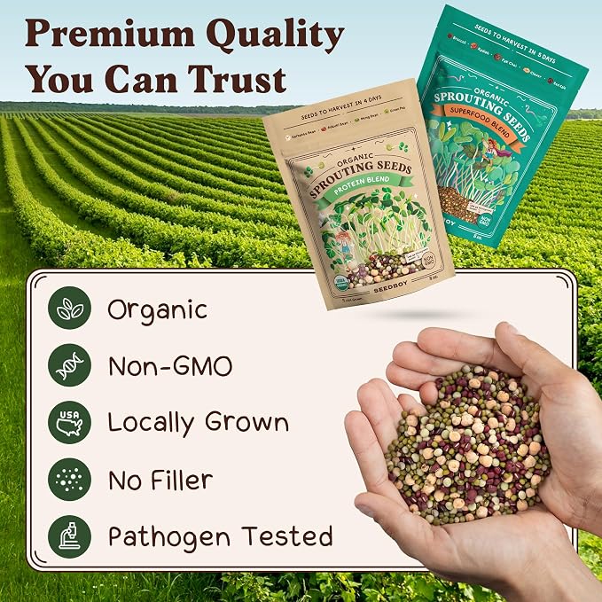 Seedboy Organic Non-GMO Sprouting Seeds, Superfood & Protein Blend - 2 Pack Bundle - USA Grown Sprouting & Microgreens Seeds - Two 8 oz Bags Makes 14 Quarts / 56 Servings (Superfood/Protein)