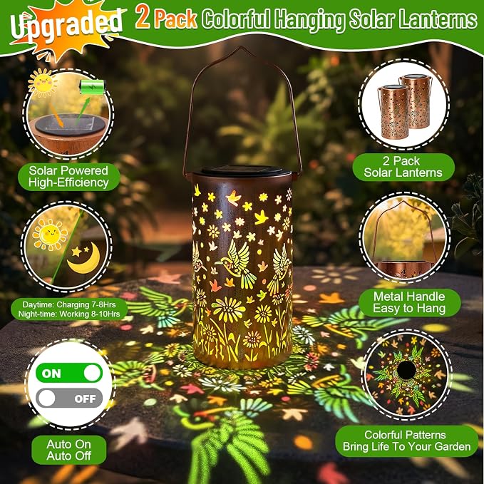 2 Pack Colorful Hanging Solar Lanterns Outdoor Waterproof [6 Hummingbirds], Metal Decorative Hummingbird Solar Lantern for Front Porch Yard Table Path Garden Decor, Ideal Gifts for Mom Wife Grandma