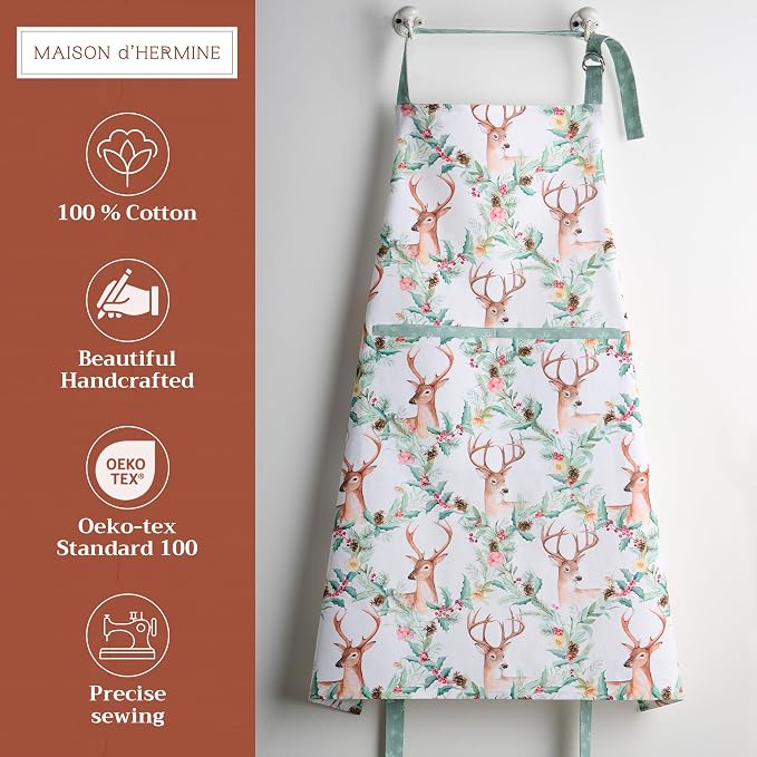 Maison d' Hermine Aprons for women with Pocket 100% Cotton (27.50"x31.50") | Adjustable Neck Strap & long ties Apron Men Chef Wedding Cooking Gardening Server Maid