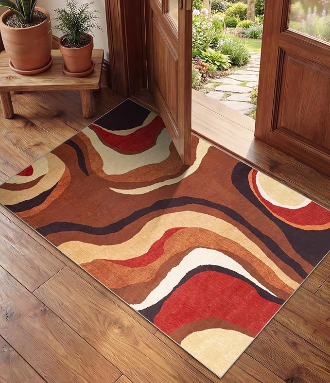 Burnt Orange Rug 2x3 Washable,Farmhouse Brown Retro Carpets,Geometric Abstract Wavy Rug for Bedroom,Unique Colorful Rugs for Living Room,Dining Room,Bedside Rugs