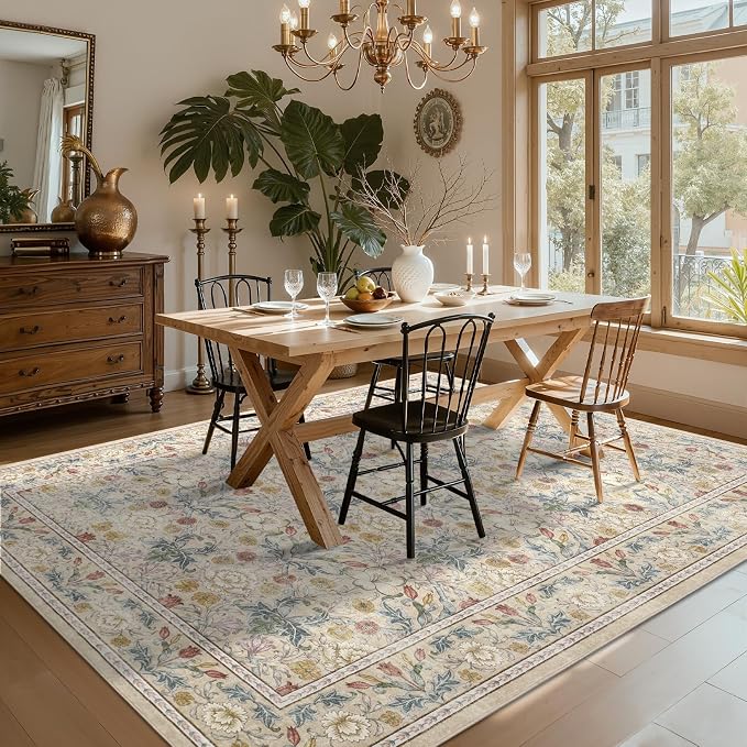 GarveeHome Washable Area Rug 6x9, Soft Vintage Floral Bedroom Rug Non Slip Low Pile Beige Carpet Stain Resistant Throw Rug for Bedside Kids Room Office Dining Room