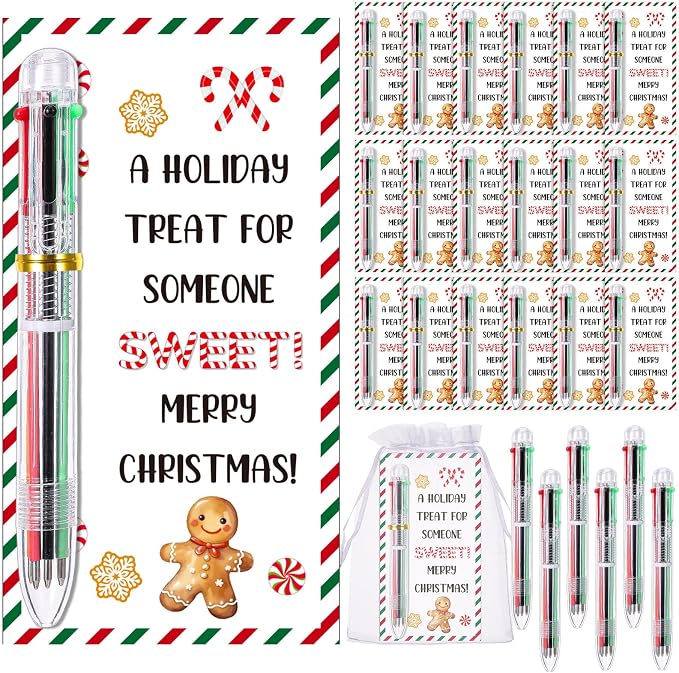 Marspark 30 Set Christmas Candy Cane Gifts Bulk Christmas Ballpoint Pens and Greeting Cards Set with Bag Twist Ties for Employee Coworker Teacher Student School Office Home Party Favor