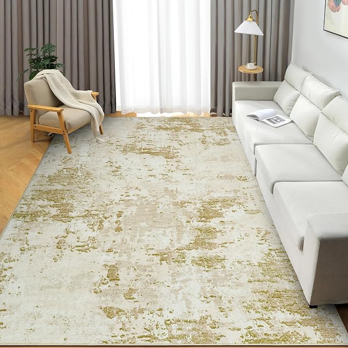 ROYHOME Modern Abstract Area Rug 8x10 Non Slip Non Shedding Rug Low Pile Stain Resistant for Bedroom Living Room,Golden Grey