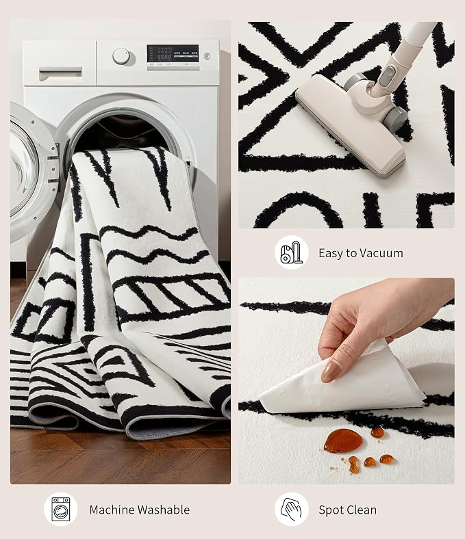 Living Room Rug 8x10- Black and Cream Rug for Bedroom Dining Room, Abstract Modern Washable Non-Slip Ultra-Thin Area Rug Symbol,8x10ft